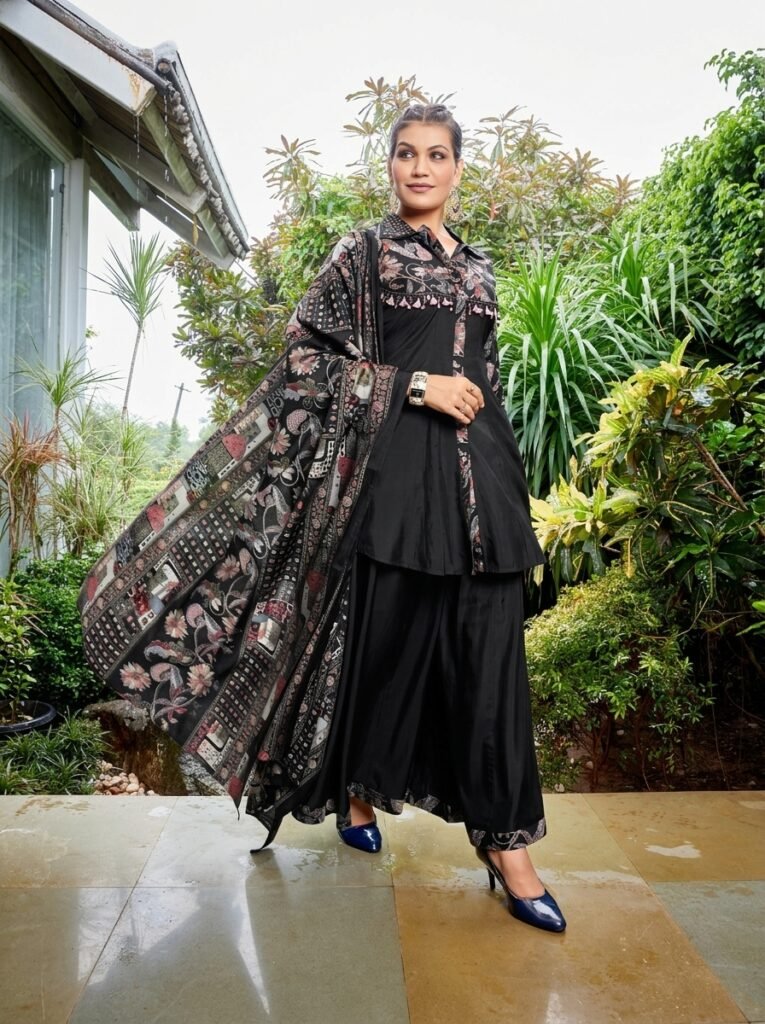 Premium Black Collar Neck Kurti Palazzo Set with Printed Yoke