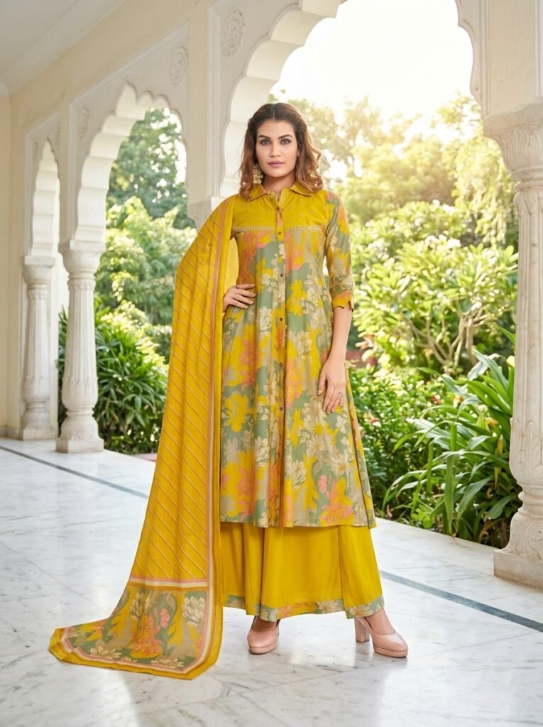 Premium Mustard Floral Kurti with Palazzo & Stripe Dupatta Set